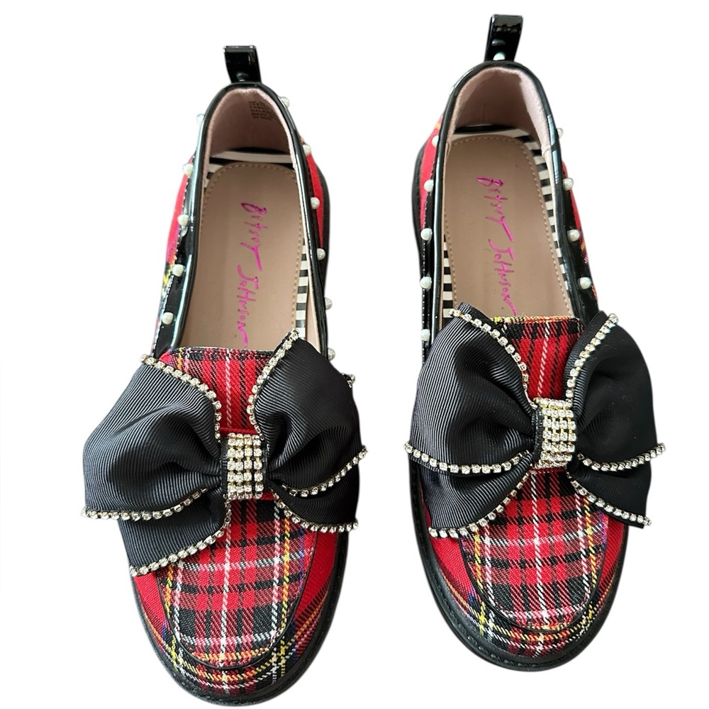 Betsey Johnson Red Plaid Flats with Black Bow